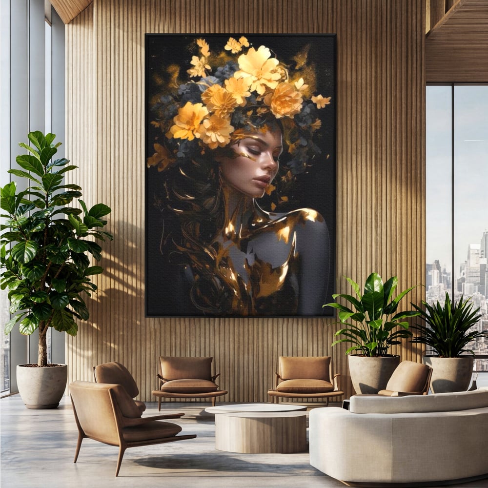 Tablou canvas cu tablou canvas cu portret de femeie aurita, in rama de aluminiu negru, pe perete intr-un birou